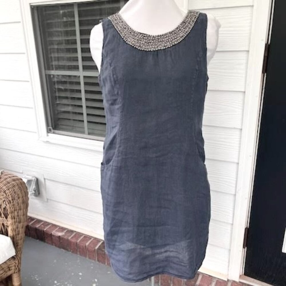 Lina Tomei Linen Dress Beaded Collar Women’s Large Made in Italy Blue Lagenlook